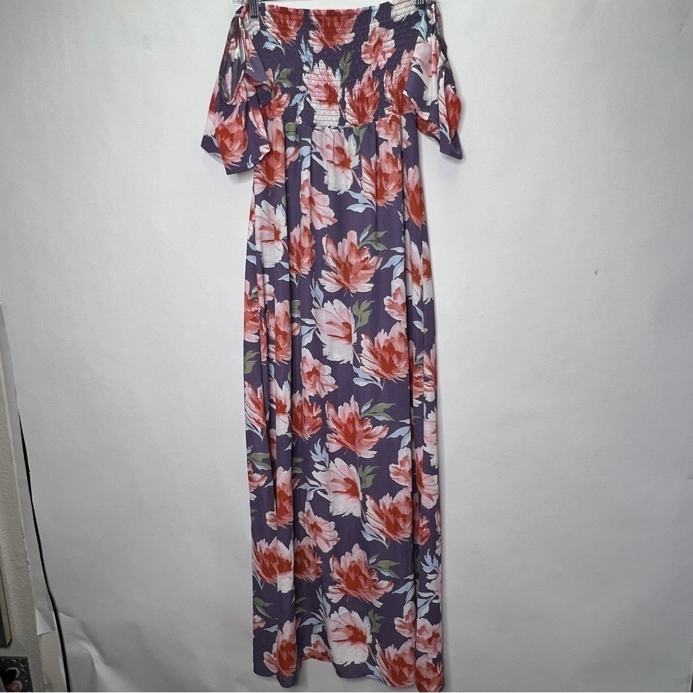 FLORAL Spring Summer Maxi Dress Off the Shoulder Ruffle Sleeve Side Slit Size M